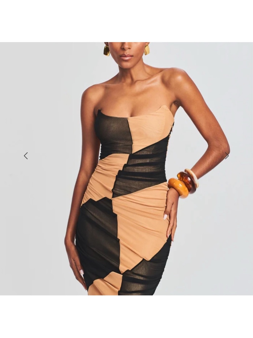 Retrofête Strapless Colorblock Dress in Black and Tan